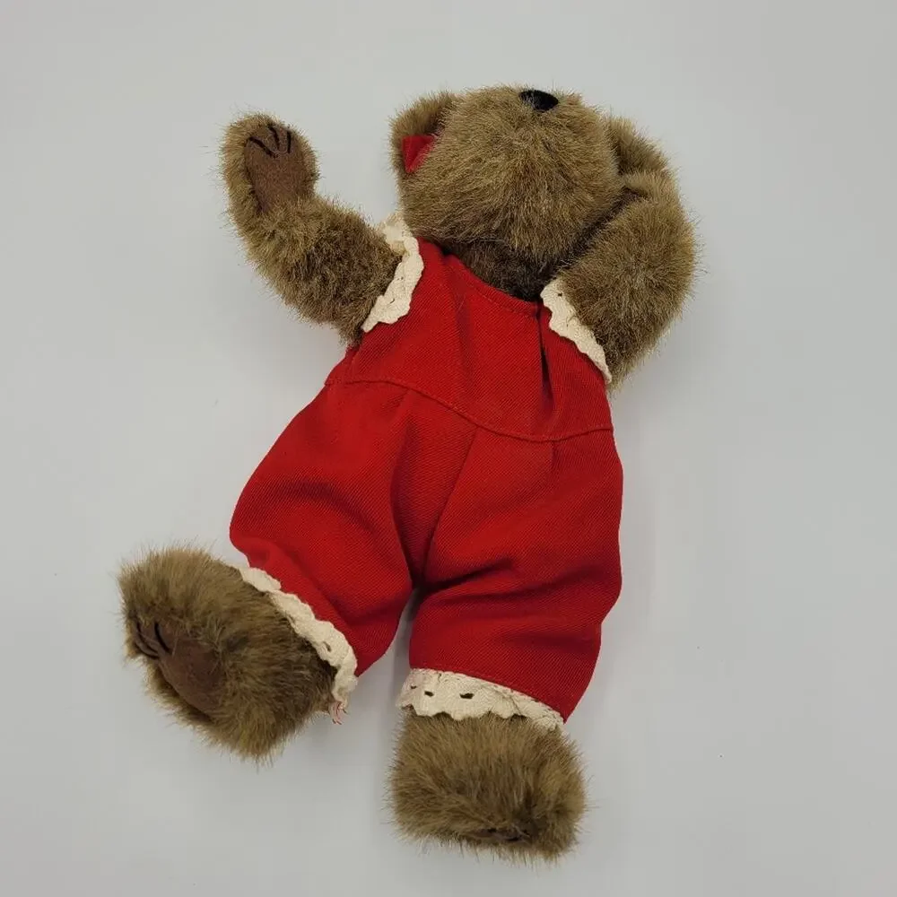 Vintage 1999 Boyd's Alexandra Collection Bear Red Overalls Hair Bow Eyelet Trim